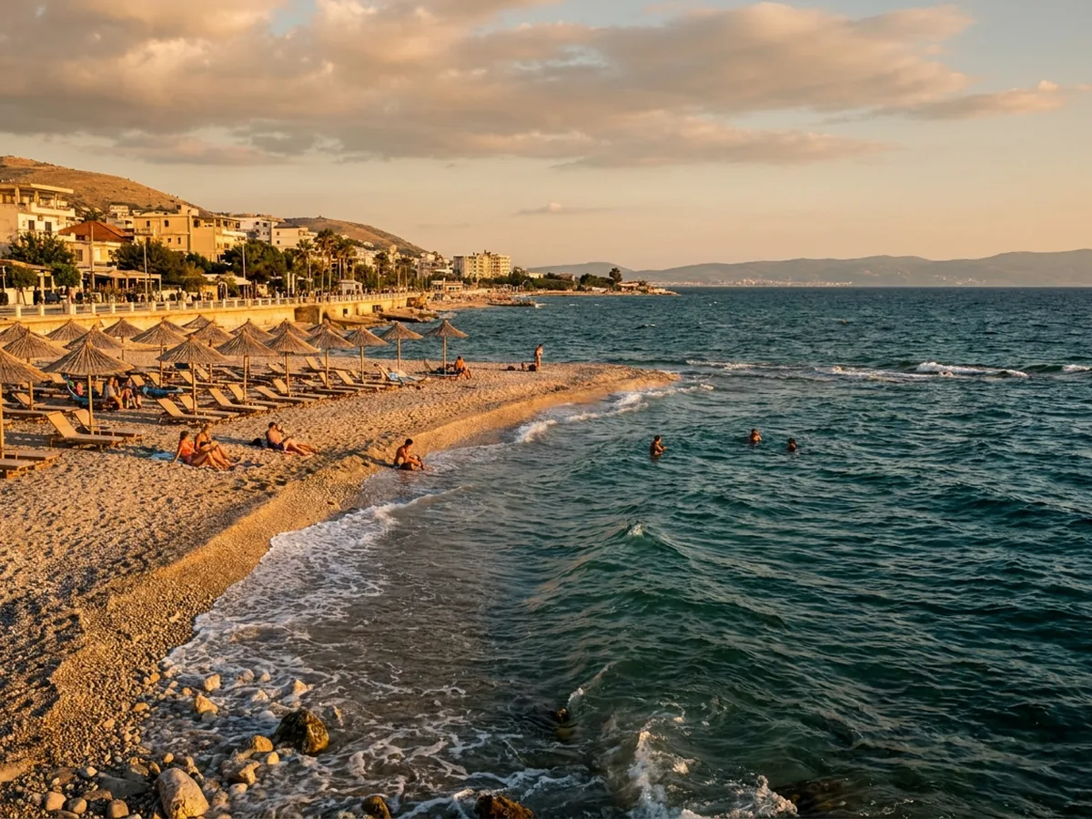 Saranda town beach: pebbles and sand below the promenade wall, swimmers in clear shallow water.