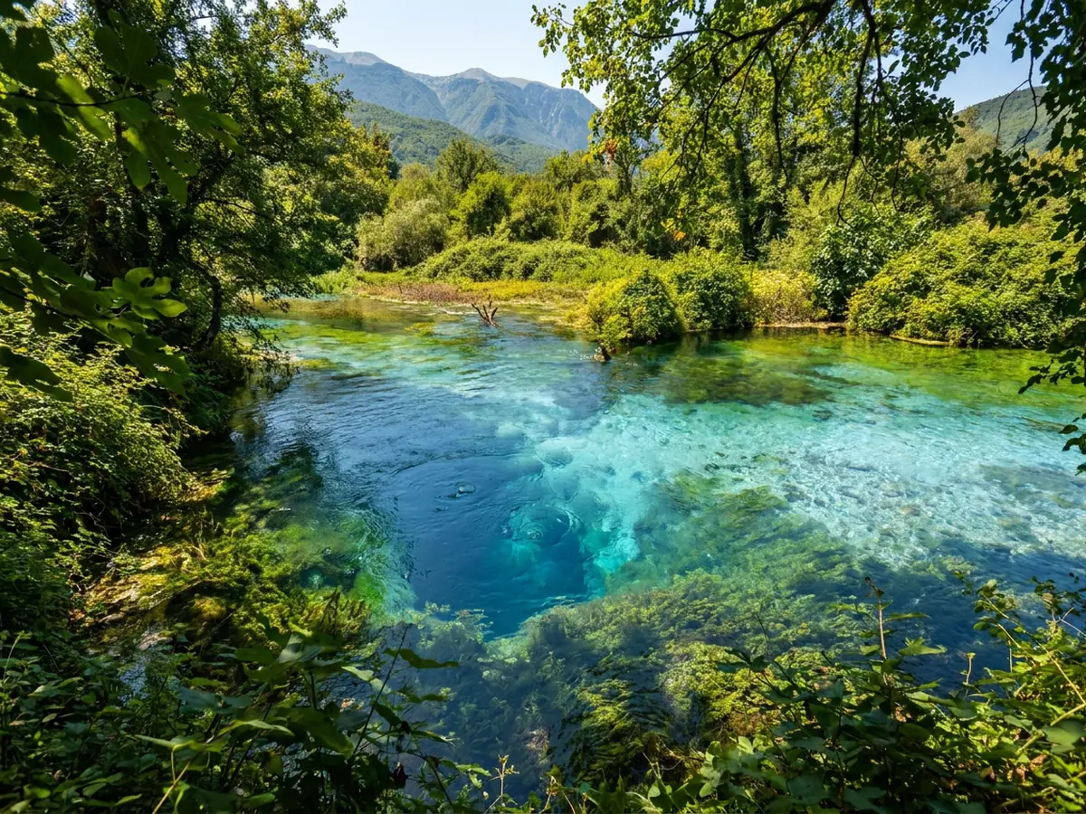 The Blue Eye spring: deep blue water welling up inside a ring of green forest.