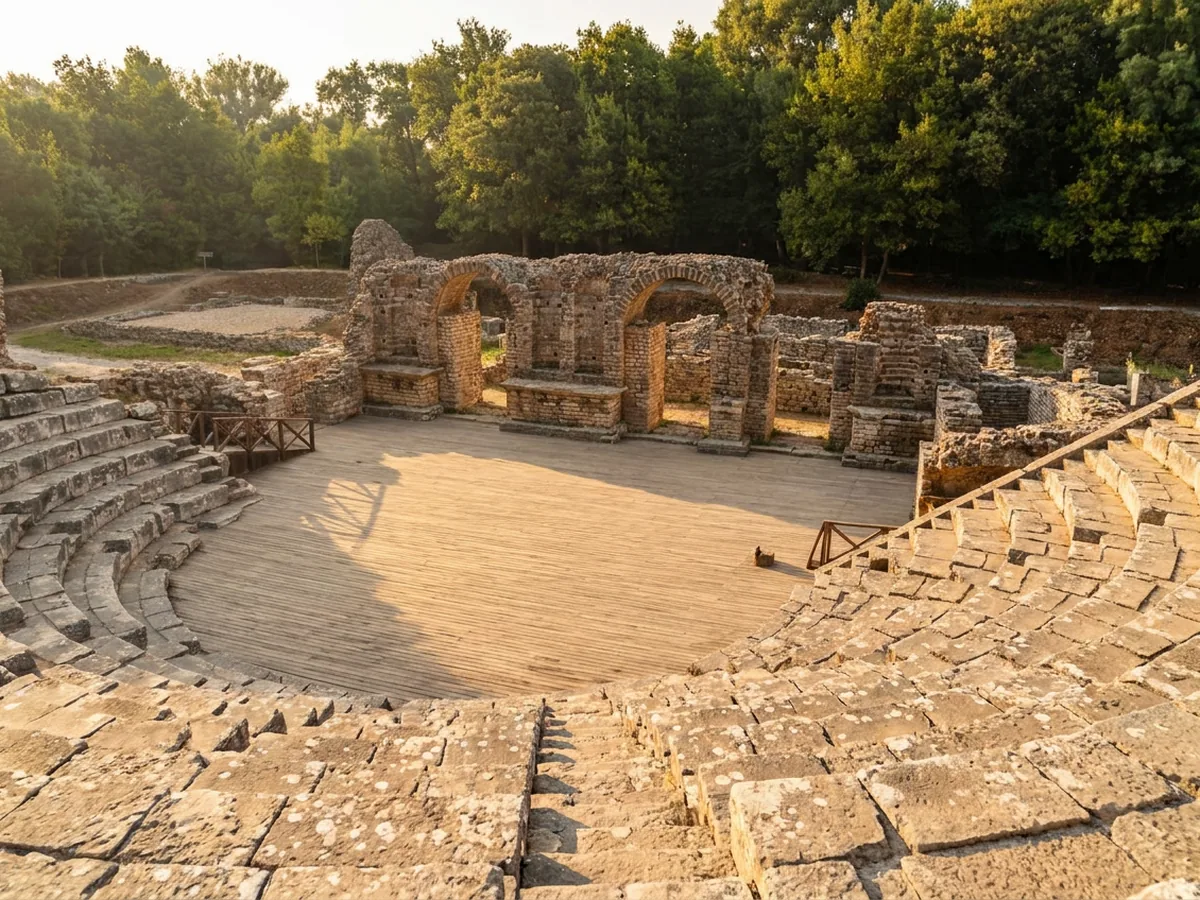 Ancient theatre ruins at Butrint, stone terraces beside still water.