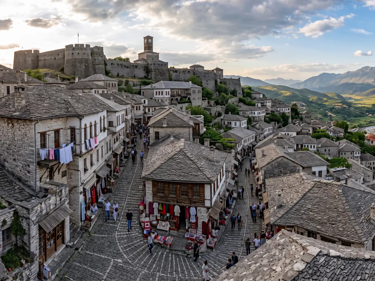Gjirokastër, Albania: stone houses stacked up the hillside beneath the castle.
