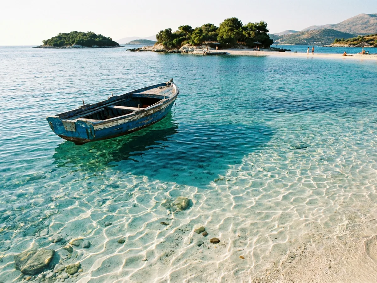 The Ksamil islets: white beaches and shallow turquoise water close to shore.