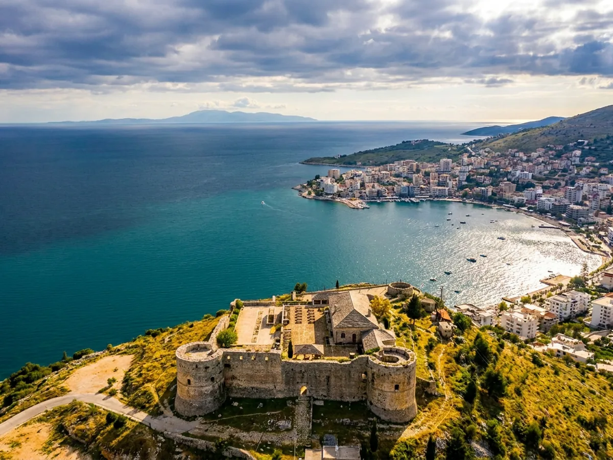 Lëkurësi Castle from the air: the stone fort on its hilltop, with Saranda and the bay spread out below.