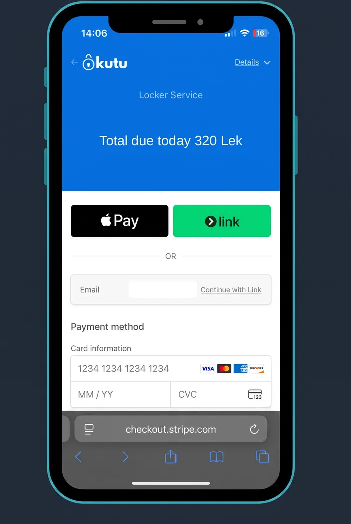 A phone showing the Stripe checkout: total due today 320 Lek, Apple Pay and card fields.